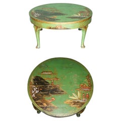 STUNNiNG ANTIQUE CHINESE CHINOISERIE GREEN LACQUER LOW TABLE HAND PAINTED C.1900