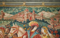 GRAN TAPIZ VINTAGE MEDIEVAL CON ESCENA DE CORTEJO, CON FIGURAS TEJIDAS, PARA COLGAR EN LA PARED