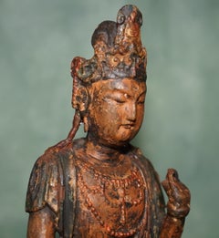 16TH-17TH CENTURY MiNG DYNASTY POLYCHROME CARVED WOOD GUANYIN BODHISATTVA