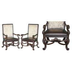 FiNE PAIR OF ANTIQUE VICTORIAN CAROLEAN MAHOGANY LEATHER THRONE ARMCHAIRS C1880