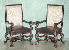 FiNE PAIR OF ANTIQUE VICTORIAN CAROLEAN MAHOGANY LEATHER THRONE ARMCHAIRS C1880