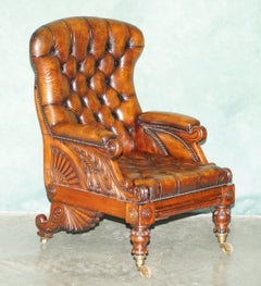 IMPORTANT ANTiQUE 1850 WILLIAM SMEE WALNUT & LEATHER RECLINING LIBRARY ARMCHAIR