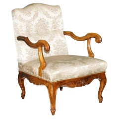 ANTIQUE FRENCH WALNUT ARMCHAIR WITH SILK DAMASK UPHOLSTERY CiRCA 1880 TO 1900