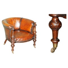 STUNNING ViCTORIAN HARDWOOD & RESTORED BROWN LEATHER TUB LIBRARY ARMCHAIR C.1870