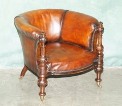 STUNNING ViCTORIAN HARDWOOD & RESTORED BROWN LEATHER TUB LIBRARY ARMCHAIR C.1870