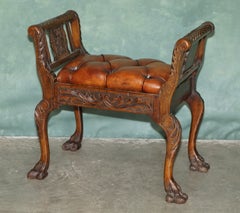 CiRCA 1890 VICTORIAN CARVED HARDWOOD BROWN LEATHER CHESTERFIELD WINDOW SEAT