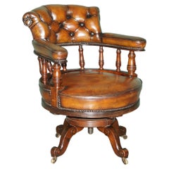 ANTIQUE STYLE CAPTAINS DESK CHAIR BROWN LEATHER REVOLVING OFFICE ARMCHAiR