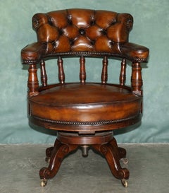 ANTIQUE STYLE CAPTAINS DESK CHAIR BROWN LEATHER REVOLVING OFFICE ARMCHAiR