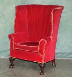LARGE GEORGIAN CHiPPENDALE STYLE RED VELVET WINGBACK ARMCHAIR CLAW & BALL FEET