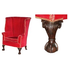 LARGE GEORGIAN CHiPPENDALE STYLE RED VELVET WINGBACK ARMCHAIR CLAW & BALL FEET