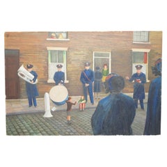 MID 20TH CENTURY ENGLISH FOLK ART SALVATION ARMY BAND STREET SCENE PAINTiNG