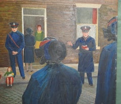 MID 20TH CENTURY ENGLISH FOLK ART SALVATION ARMY BAND STREET SCENE PAINTiNG