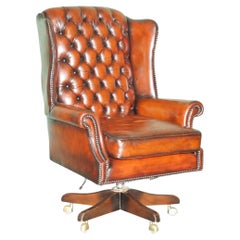 1970s HARRODS LONDON CHESTERFIELD HAND DYED LEATHER WINGBACK SWIVEL OFFICE CHAIR
