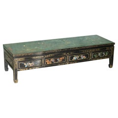 LARGE ViNTAGE CHINESE CHINOISERIE BLACK LACQUER COFFEE TABLE WITH FOUR DRAWERS
