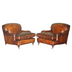 PAIR OF GEORGE SMITH HOWARD & SONS STYLE HAND DYED BROWN LEATHER ARMCHAIRs
