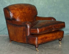 PAIR OF GEORGE SMITH HOWARD & SONS STYLE HAND DYED BROWN LEATHER ARMCHAIRs