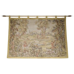 184CM X 223CM ANTIQUE FRENCH NOBLE HUNTING SCENE TAPESTRY WALL HANGING WiTH POLE