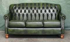 THOMAS LLOYD VICTORiA BOTTLE GREEN LEATHER THREE SEATER CHESTERFIELD TUFTED SOFA