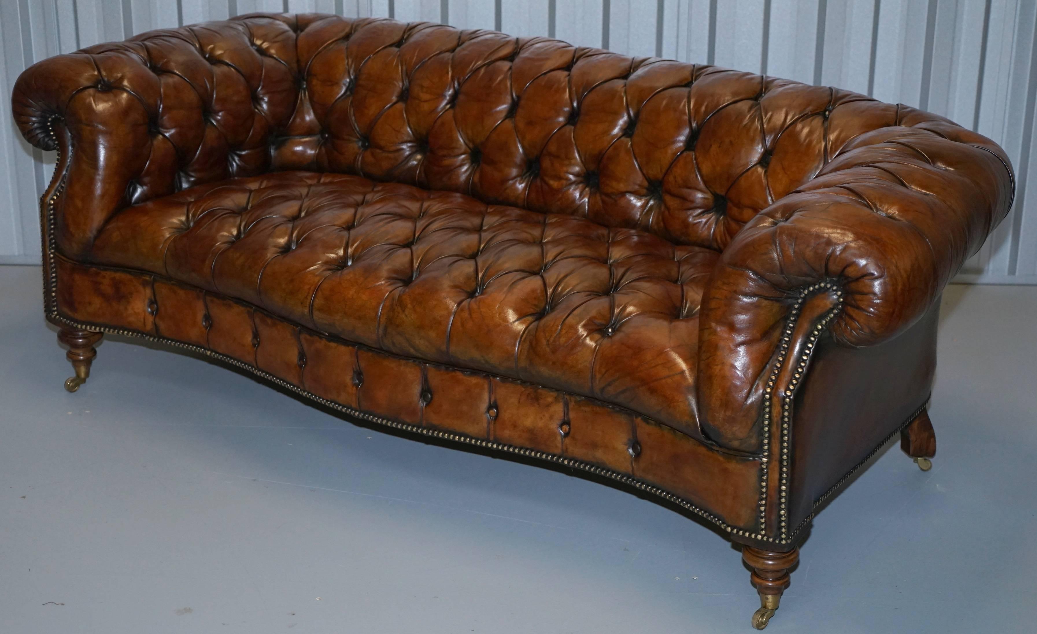 Leather Pair of Victorian Howard & Sons Style Serpentine Fronted Chesterfield Club Sofas