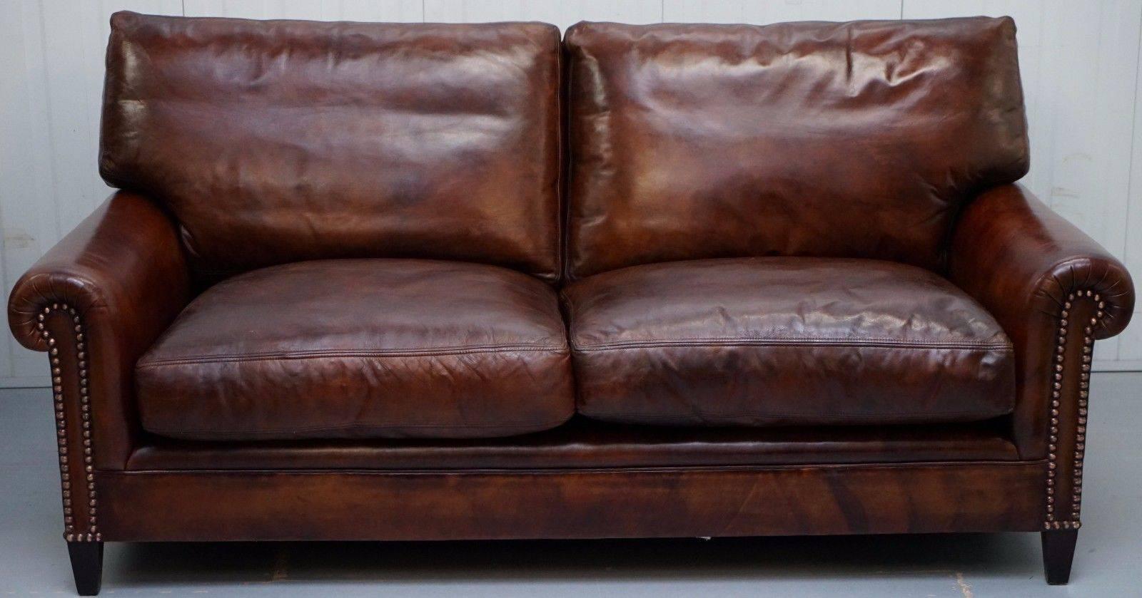 Edwardian Fully Restored George Smith Aged Whiskey Brown Leather Signature Sofa Feathers