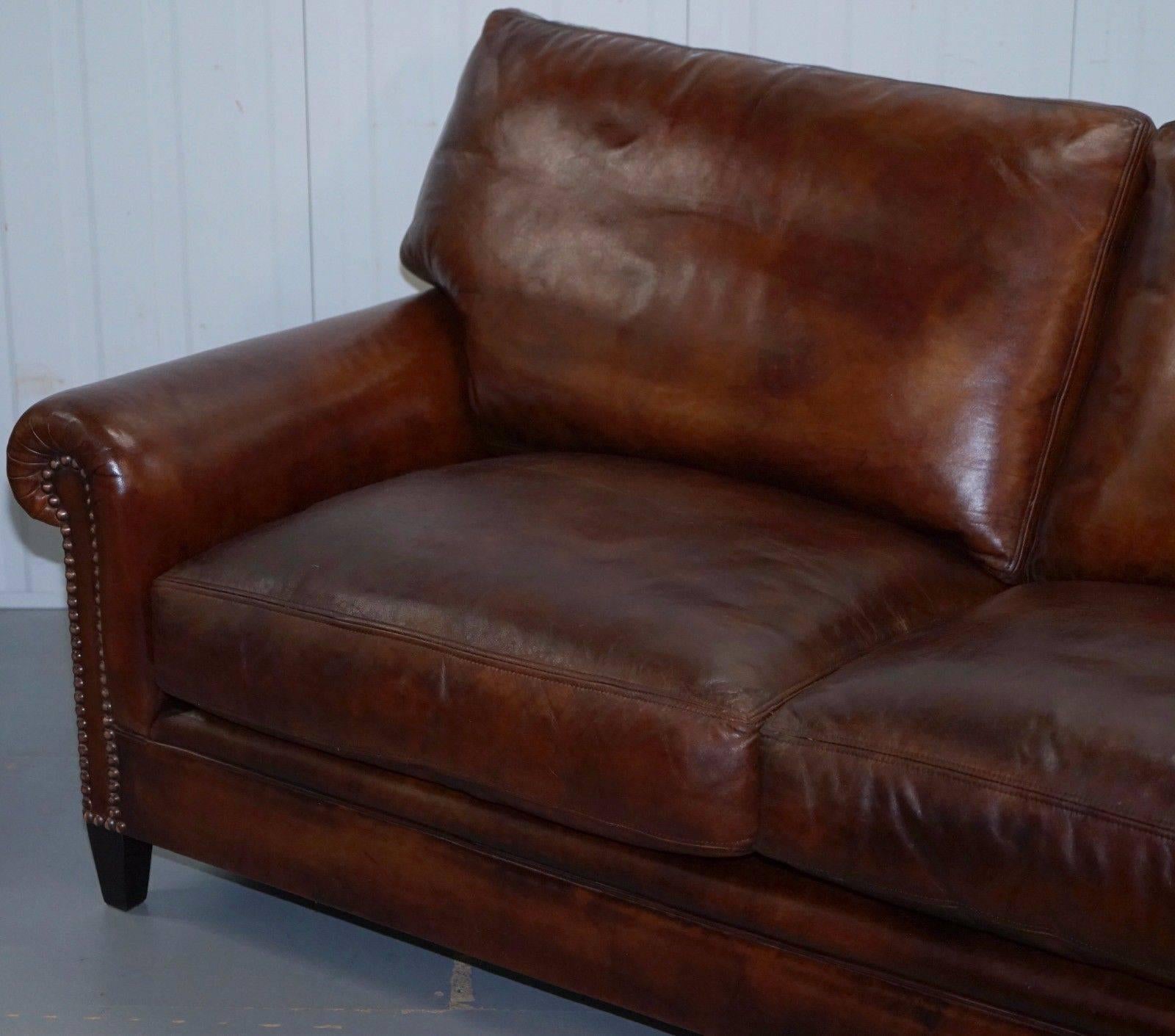 Great Britain (UK) Fully Restored George Smith Aged Whiskey Brown Leather Signature Sofa Feathers