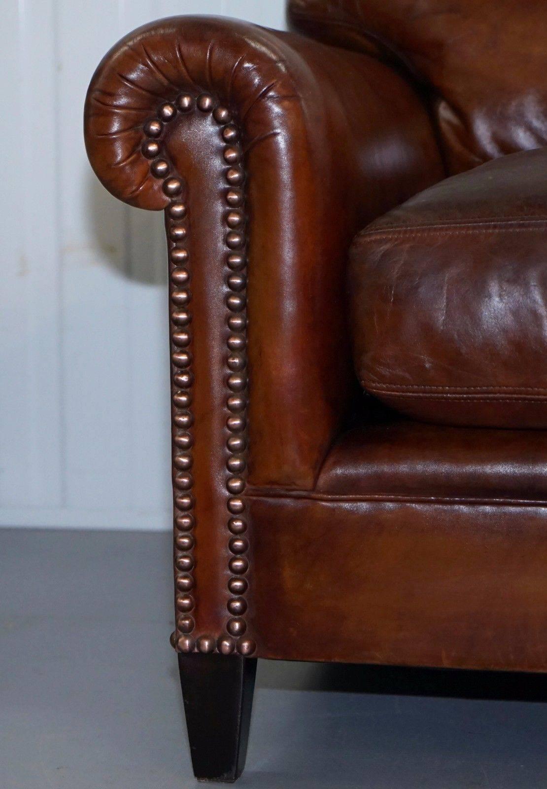Fully Restored George Smith Aged Whiskey Brown Leather Signature Sofa Feathers 1