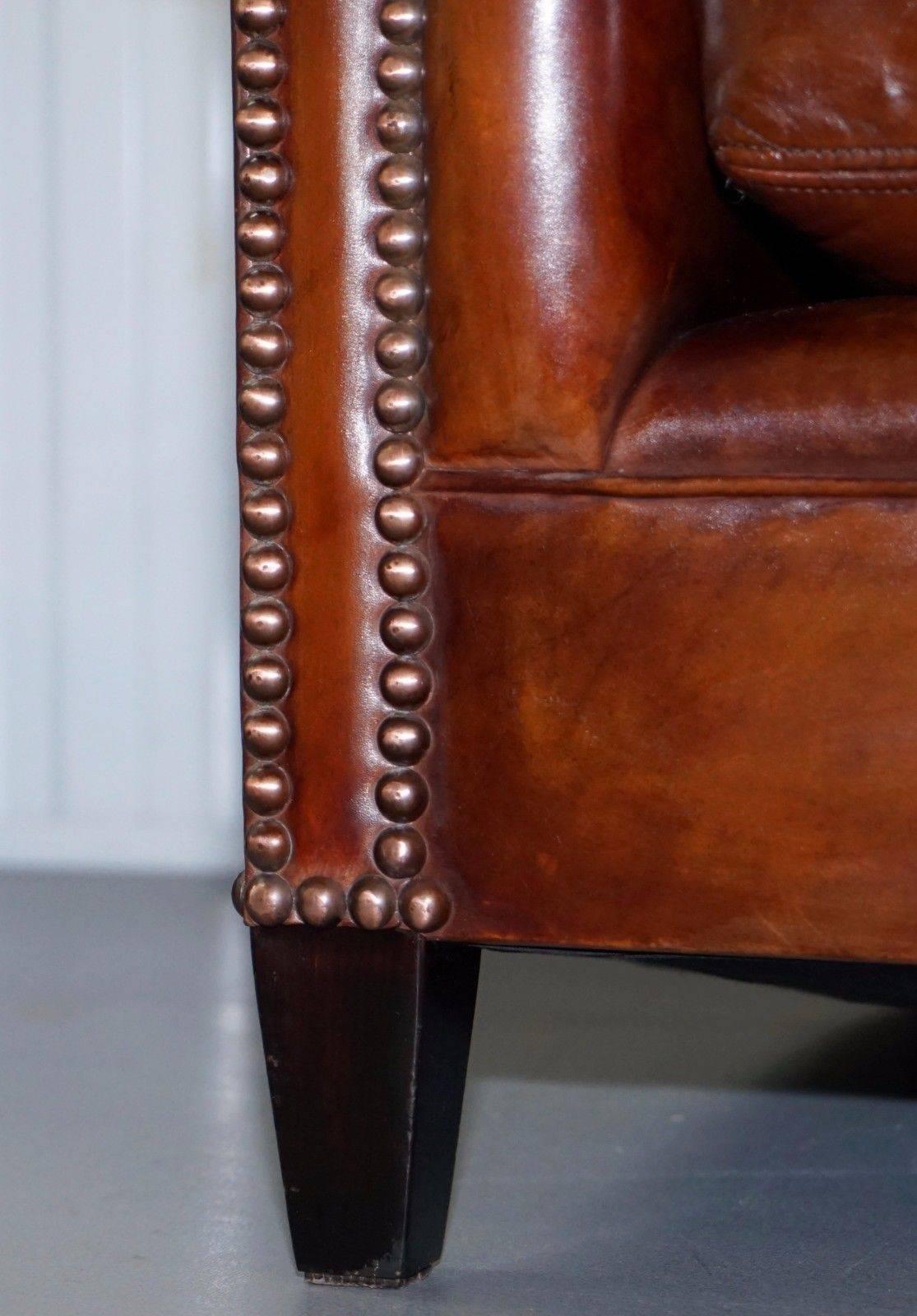 Fully Restored George Smith Aged Whiskey Brown Leather Signature Sofa Feathers 1