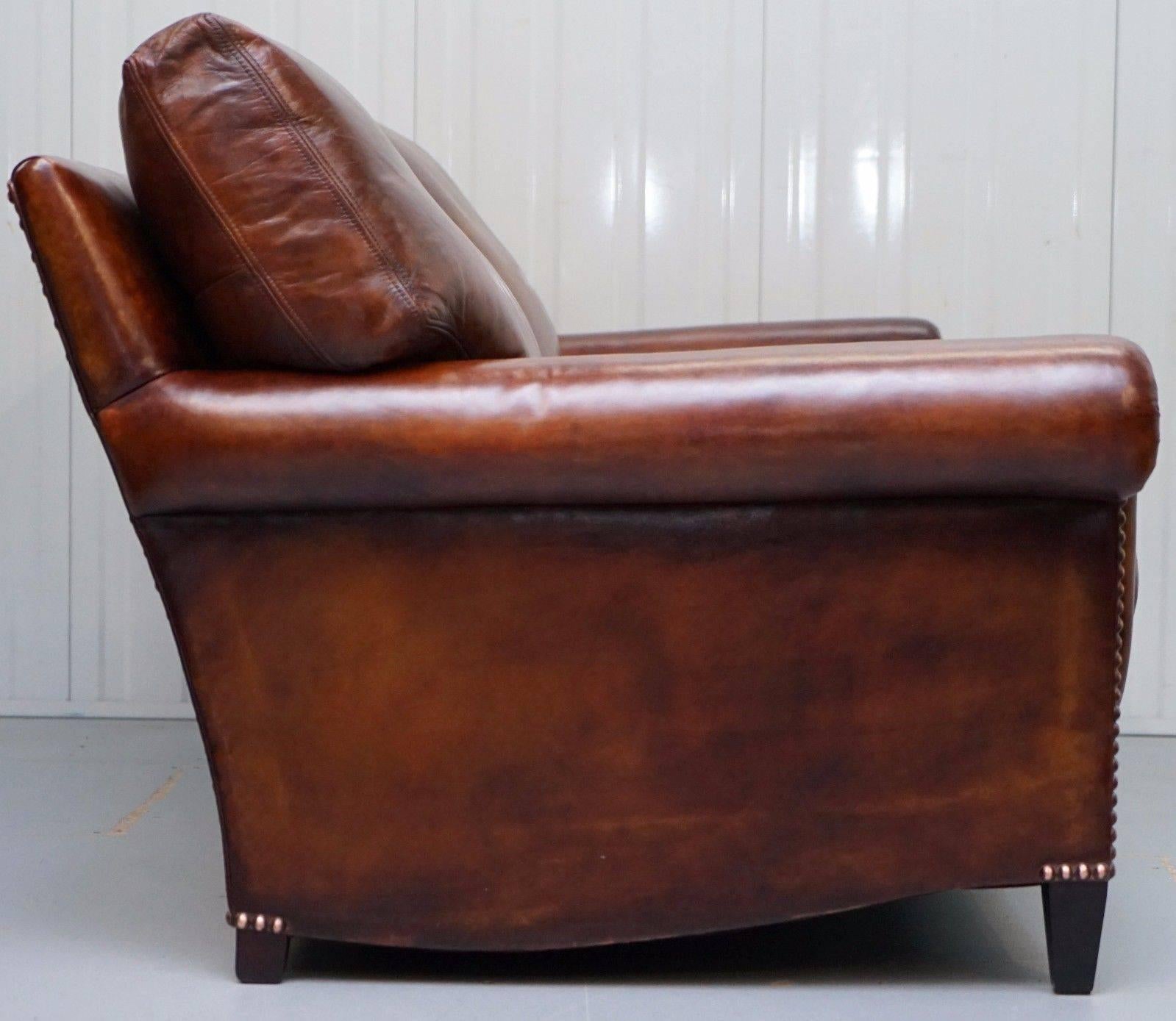 Fully Restored George Smith Aged Whiskey Brown Leather Signature Sofa Feathers 3