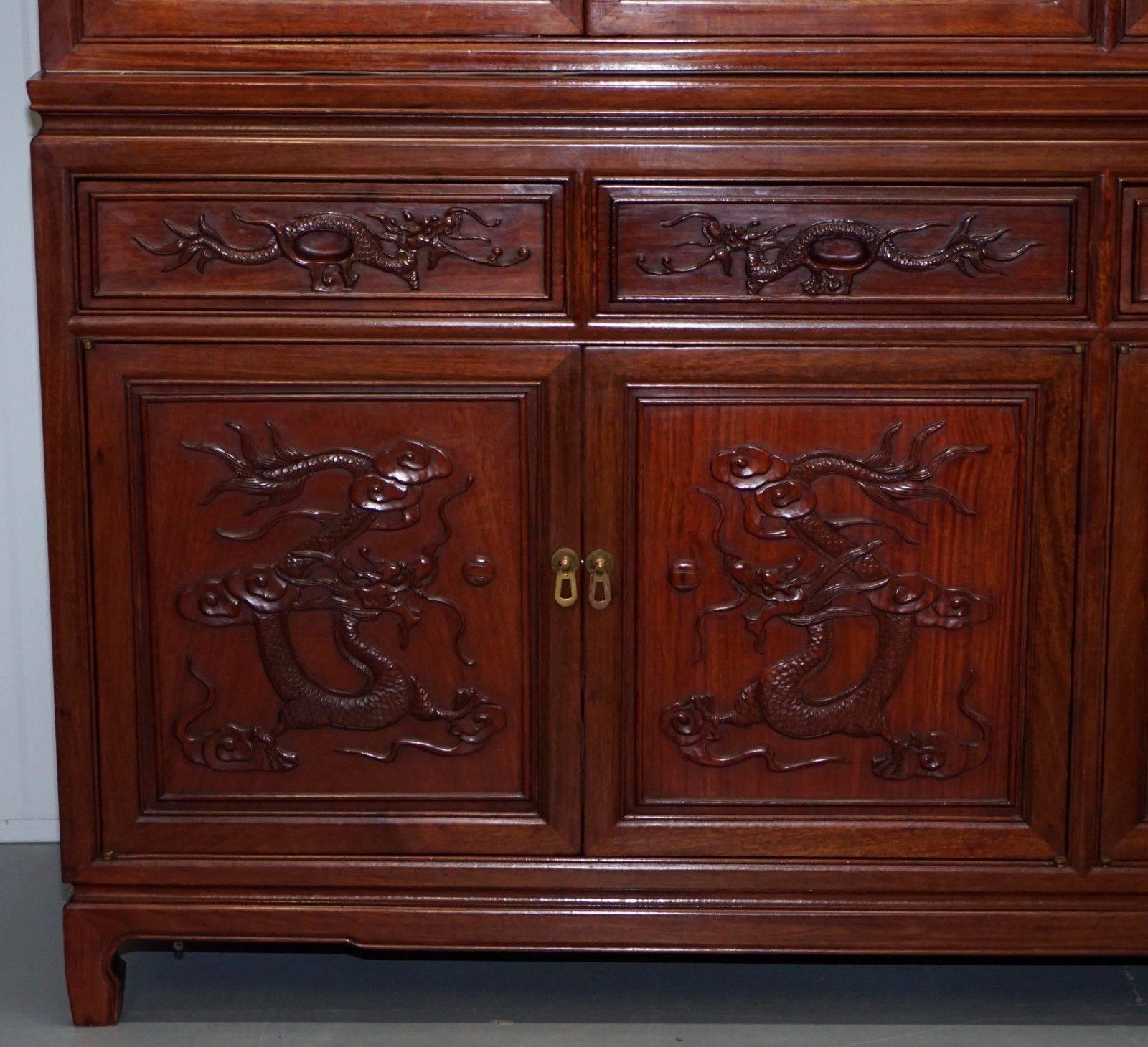 Rare Chinese Dragon Carved Solid Rosewood Vintage Welsh Dresser Bookcase Cabinet 2