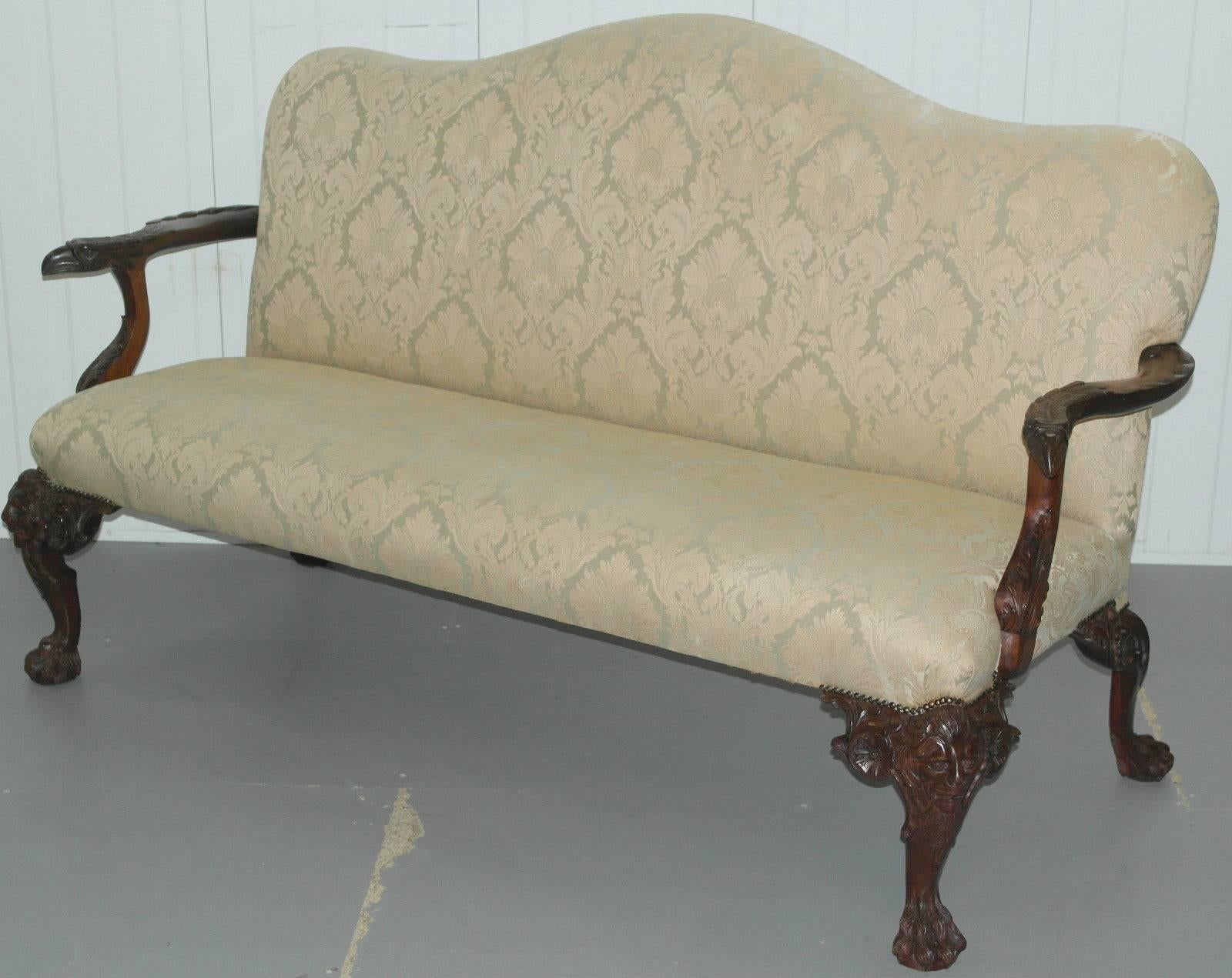 Antique George II Irish Style Handmade Settee Lion Carver Hairy Paw Legs Sofa 3