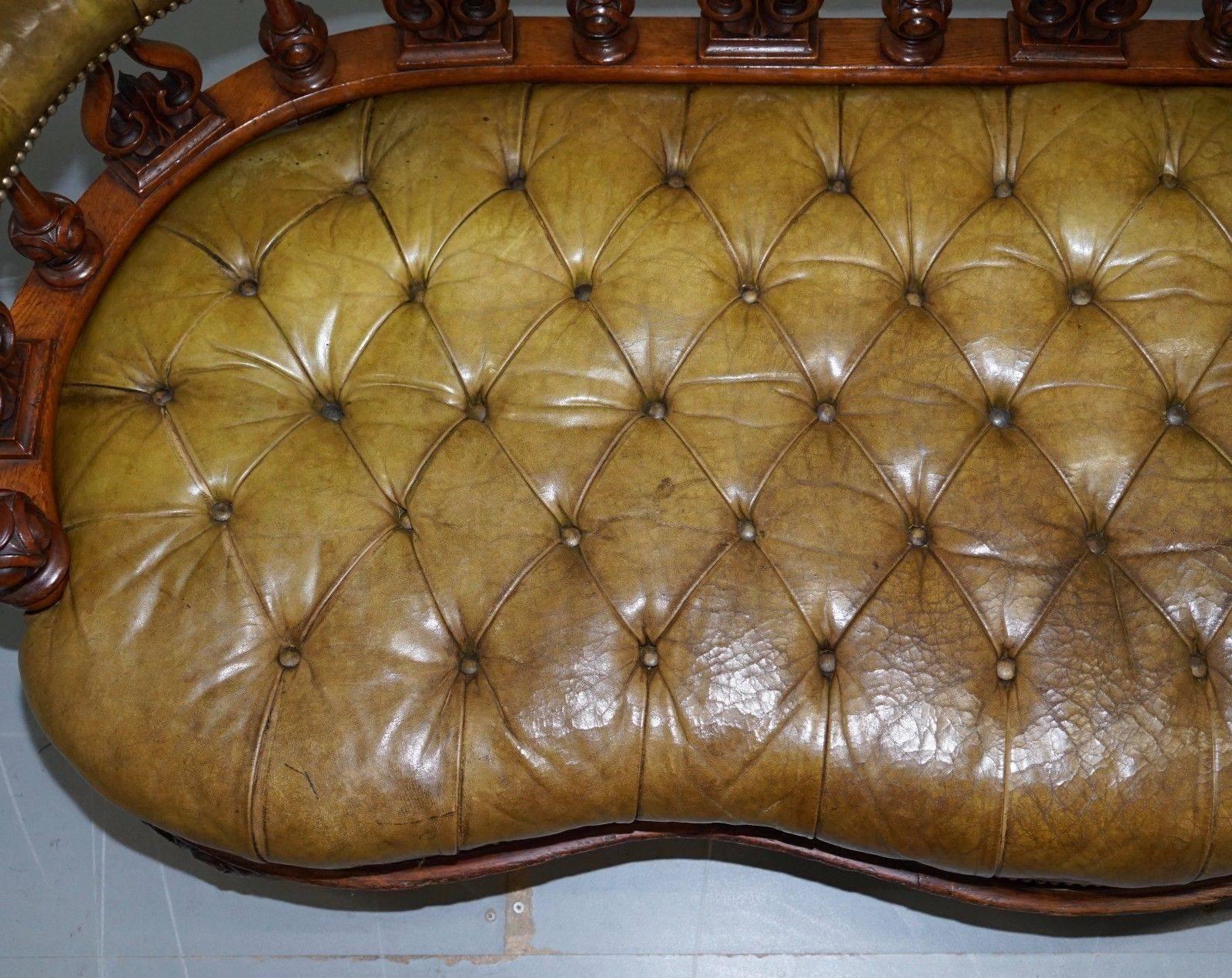 Hand-Carved Rare Early Victorian circa 1840 One of a Kind Chesterfield Leather Bench Sofa