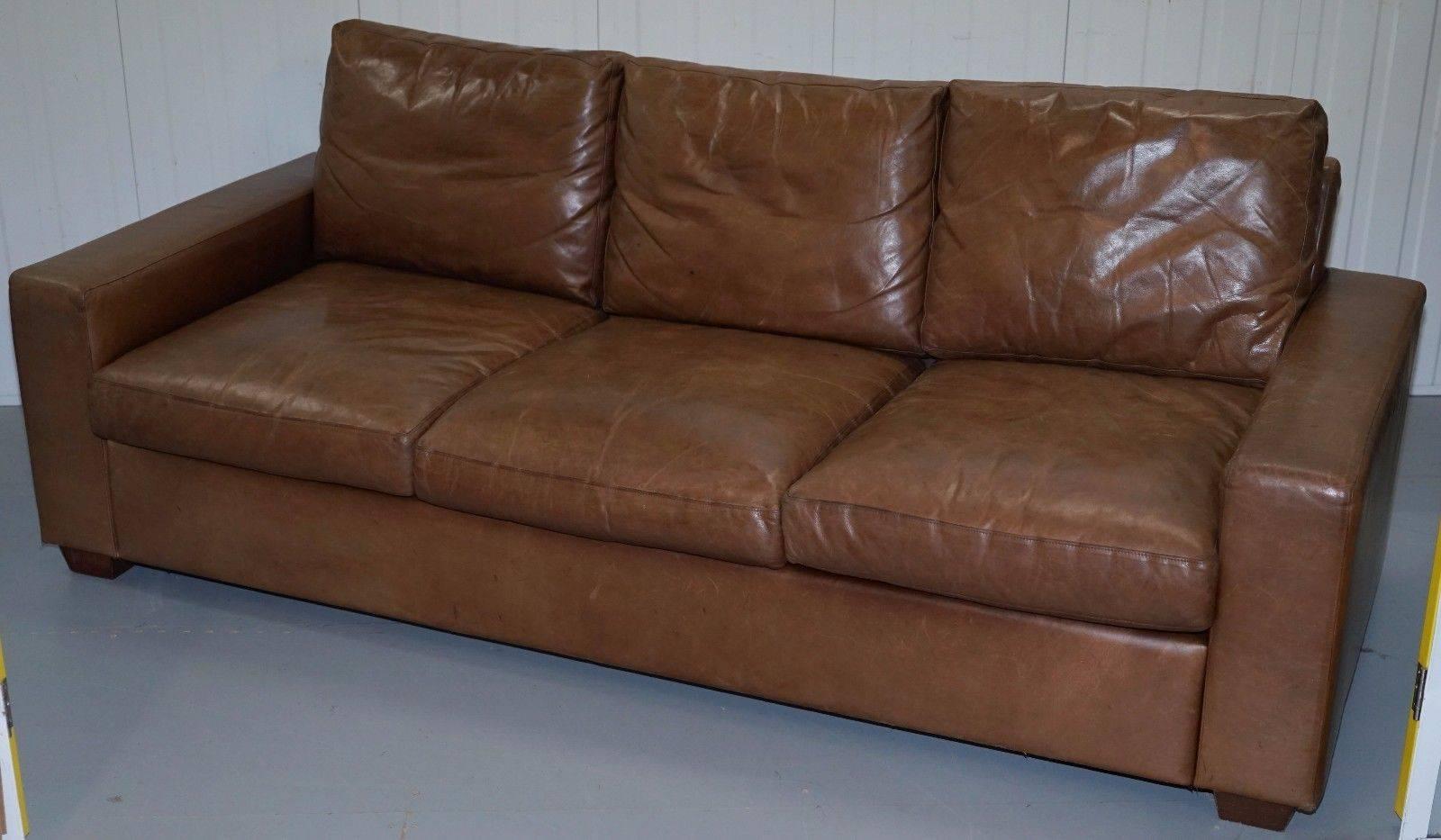 Modern Four-Seater Fully Aniline Aged Brown Leather Sofa Bed
