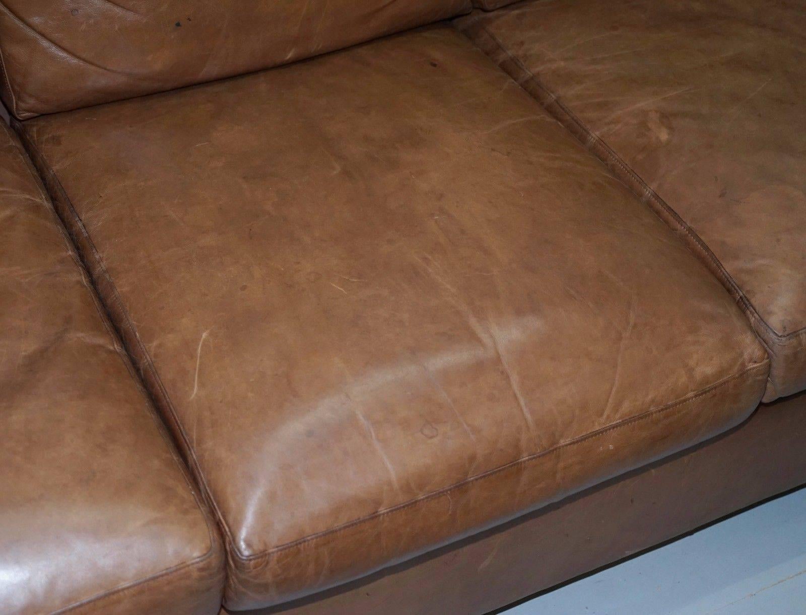 British Four-Seater Fully Aniline Aged Brown Leather Sofa Bed