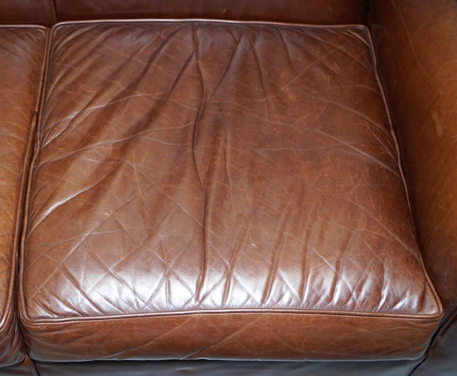 British Heritage Aged Brown Distressed Leather Four Seater Sofa and Ottoman