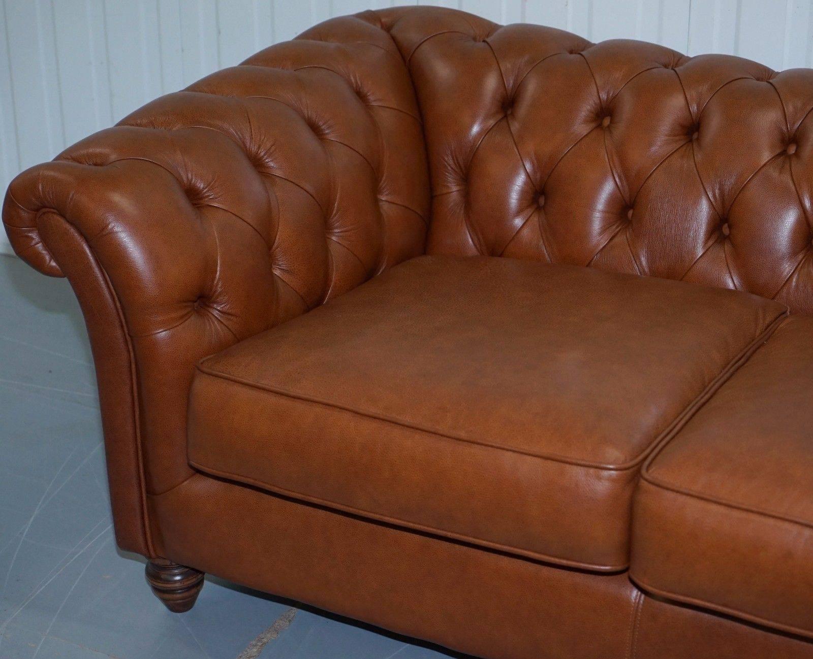 Victorian Thomas Lloyd Chesterfield Brown Leather Sofa and Club Armchair