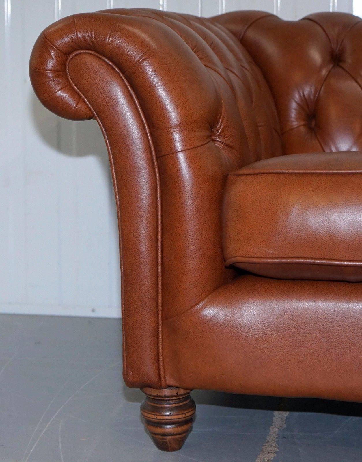 British Thomas Lloyd Chesterfield Brown Leather Sofa and Club Armchair