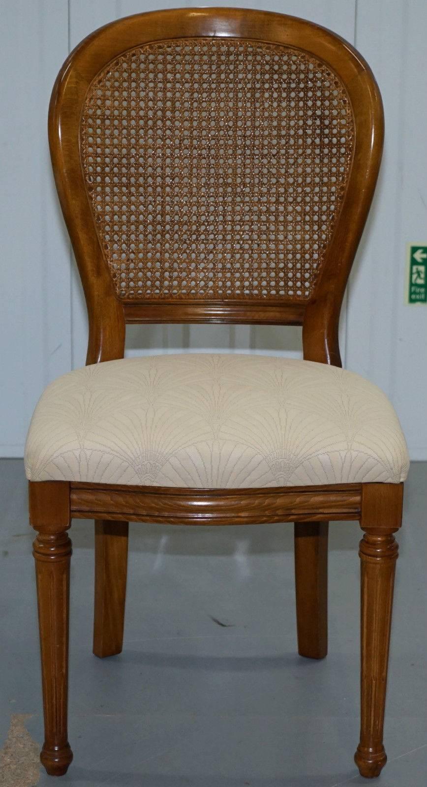 French Provincial Cherry Wood Grand France Set of Four Berger Rattan Dining Chairs 
