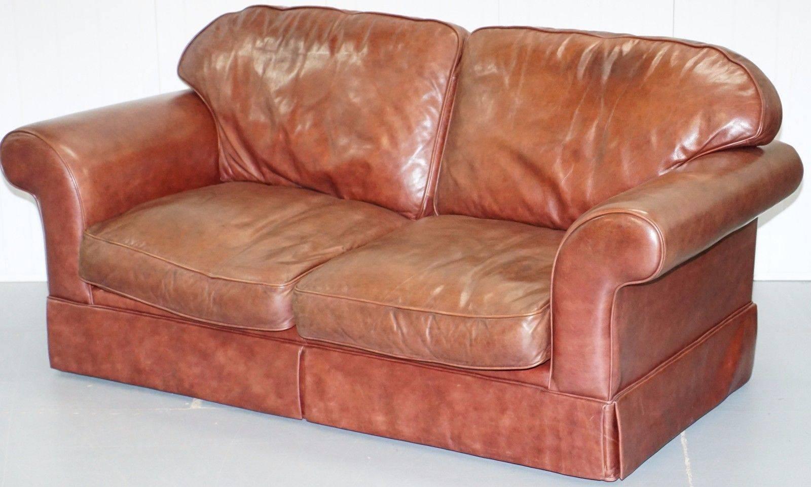 1 of 2 Laura Ashley Heritage Brown Leather Large 2.5-Seat Sofas 1