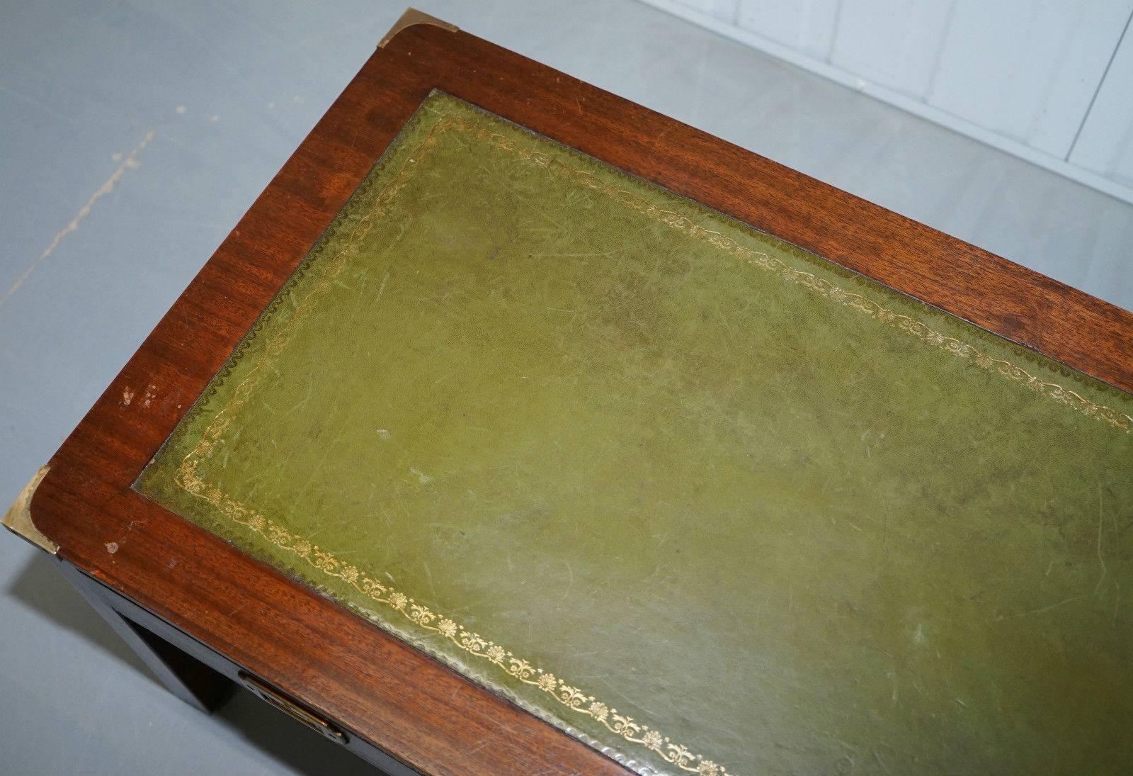 Military Campaign Coffee Table with Green Leather Surface and Drawers 1