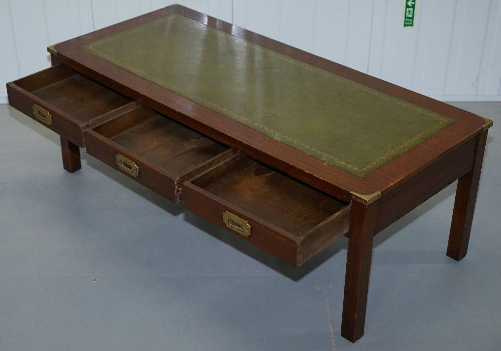 Mid-Century Modern Military Campaign Coffee Table with Green Leather Surface and Drawers