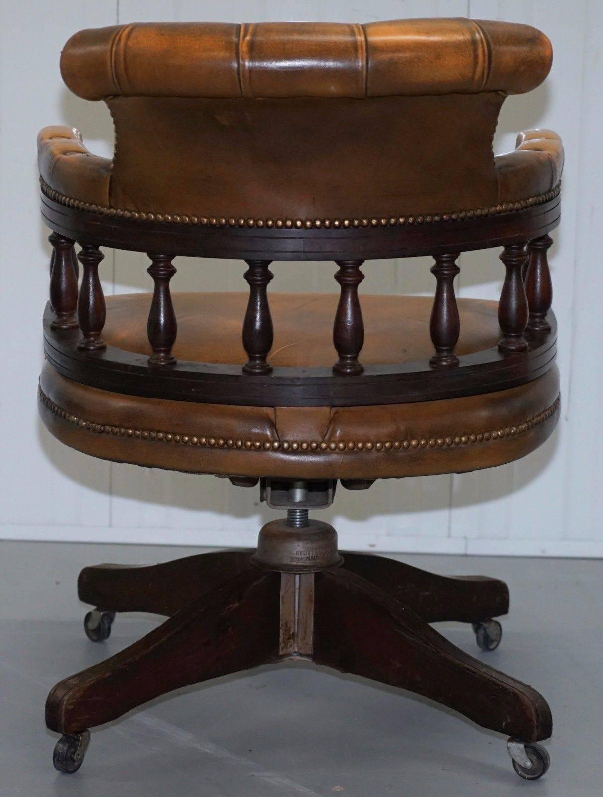 Hand-Carved Rare Original 1950s Chesterfield Tan Brown Leather Hillcrest Captains Chair
