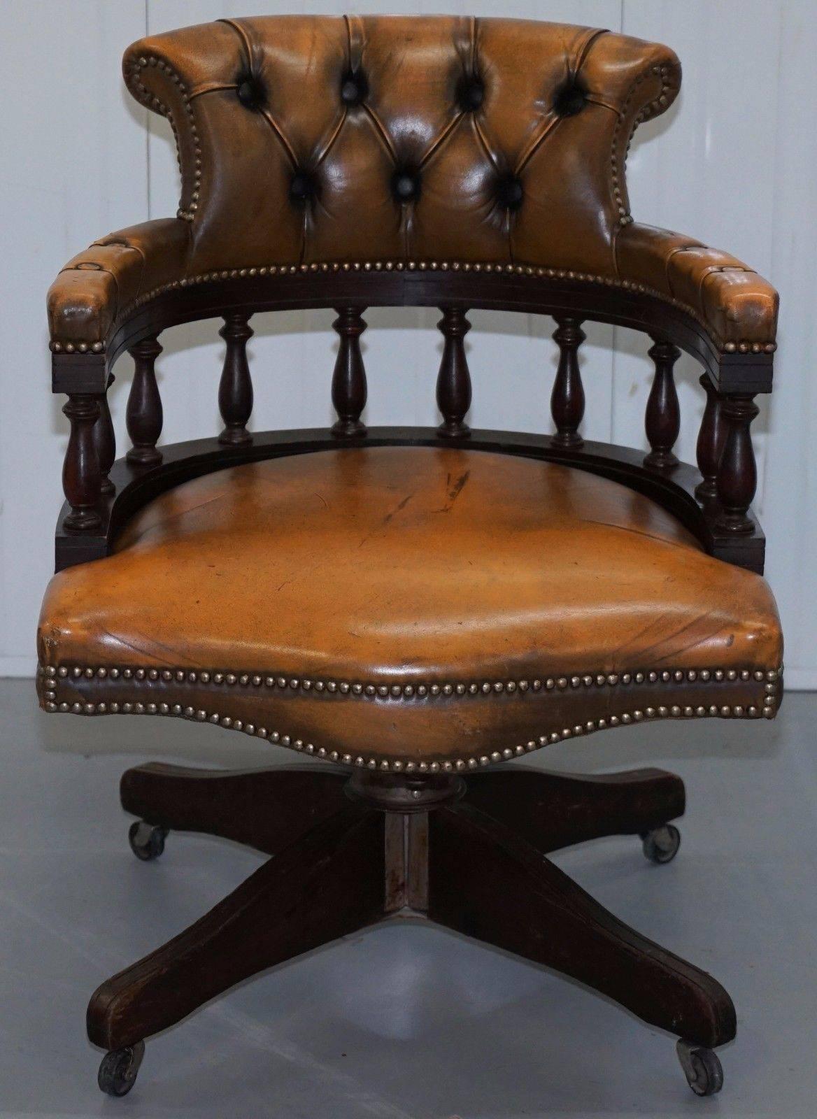 British Rare Original 1950s Chesterfield Tan Brown Leather Hillcrest Captains Chair