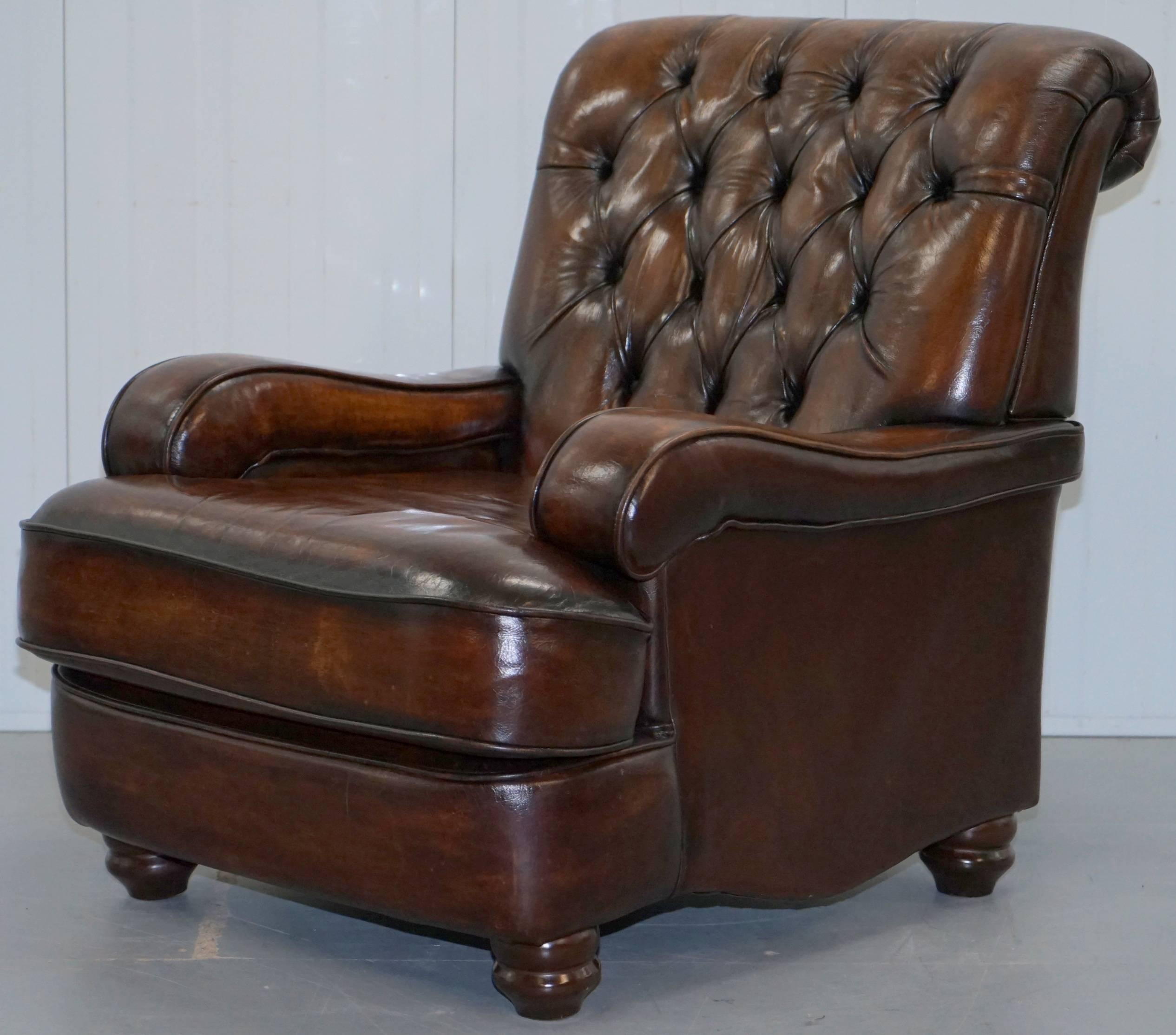 Restored Chesterfield Hand Dyed Cigar Brown Leather Scroll Back Armchairs, Pair 2