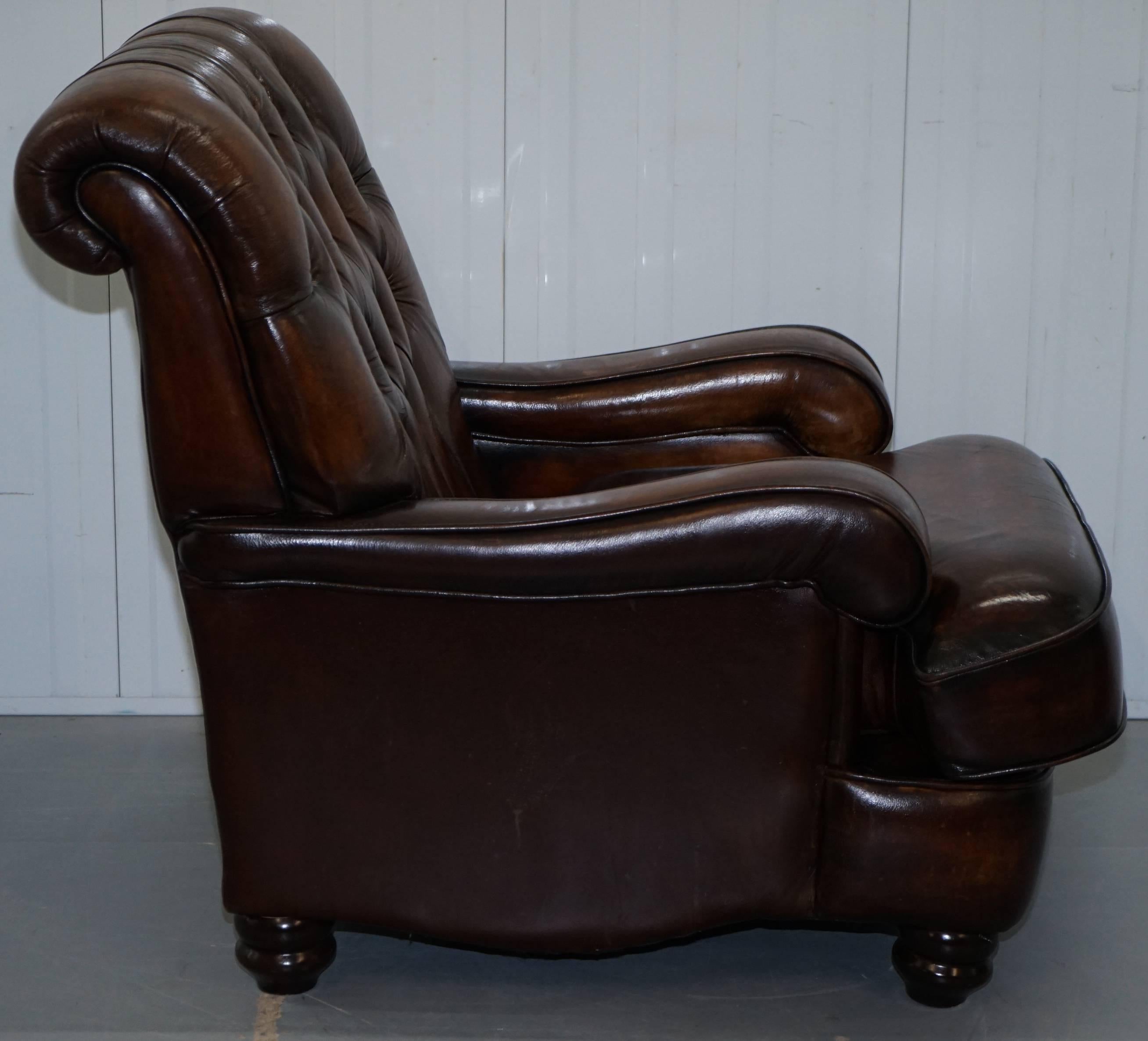 Restored Chesterfield Hand Dyed Cigar Brown Leather Scroll Back Armchairs, Pair 1