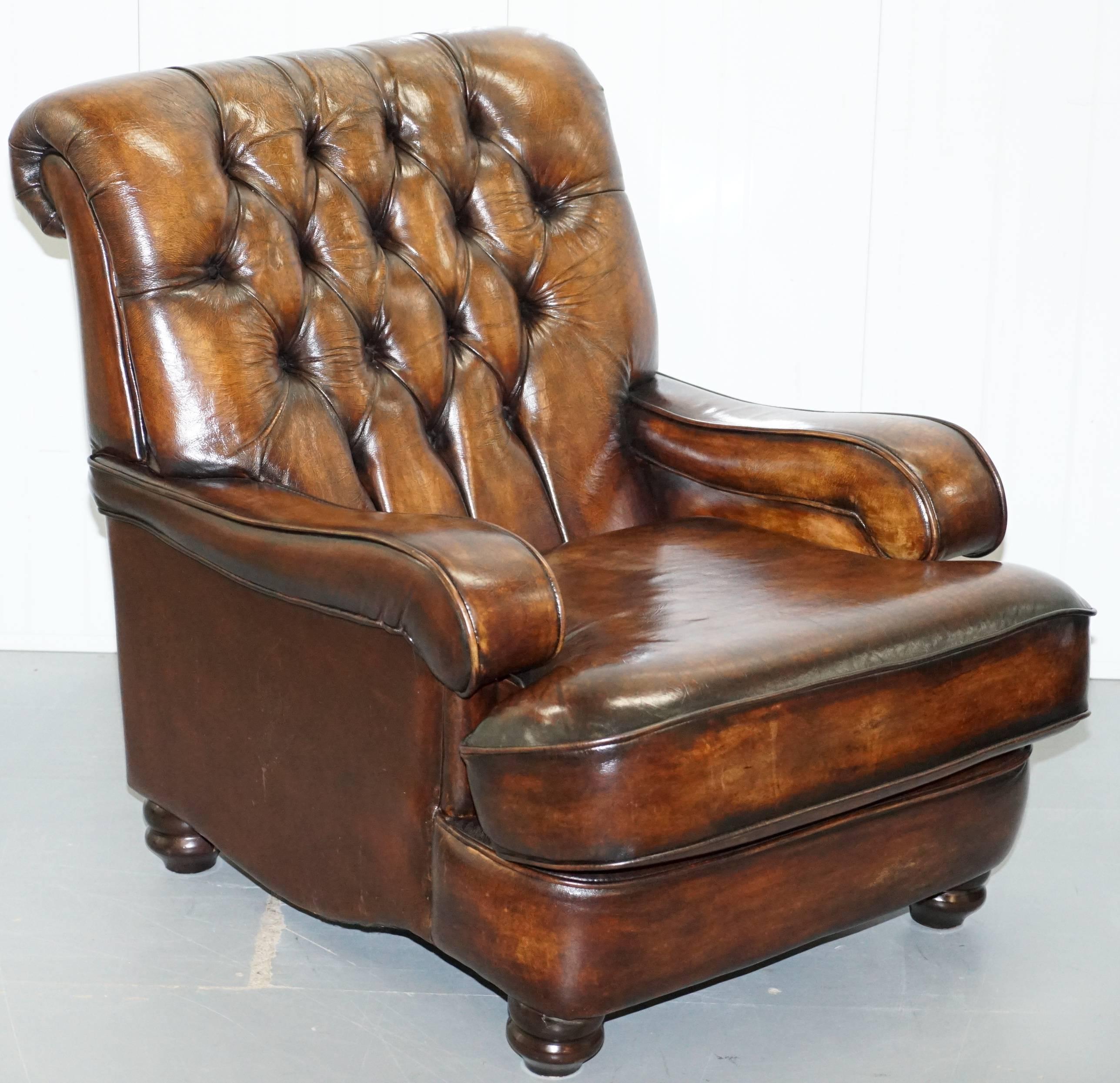 Wimbledon-Furniture is delighted to offer for sale this lovely pair of fully restored hand dyed cigar brown leather scroll back club armchairs with Chesterfield buttoning

A very good looking and comfortable pair of stylish and well-made leather