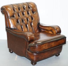 Restored Chesterfield Hand Dyed Cigar Brown Leather Scroll Back Armchairs, Pair