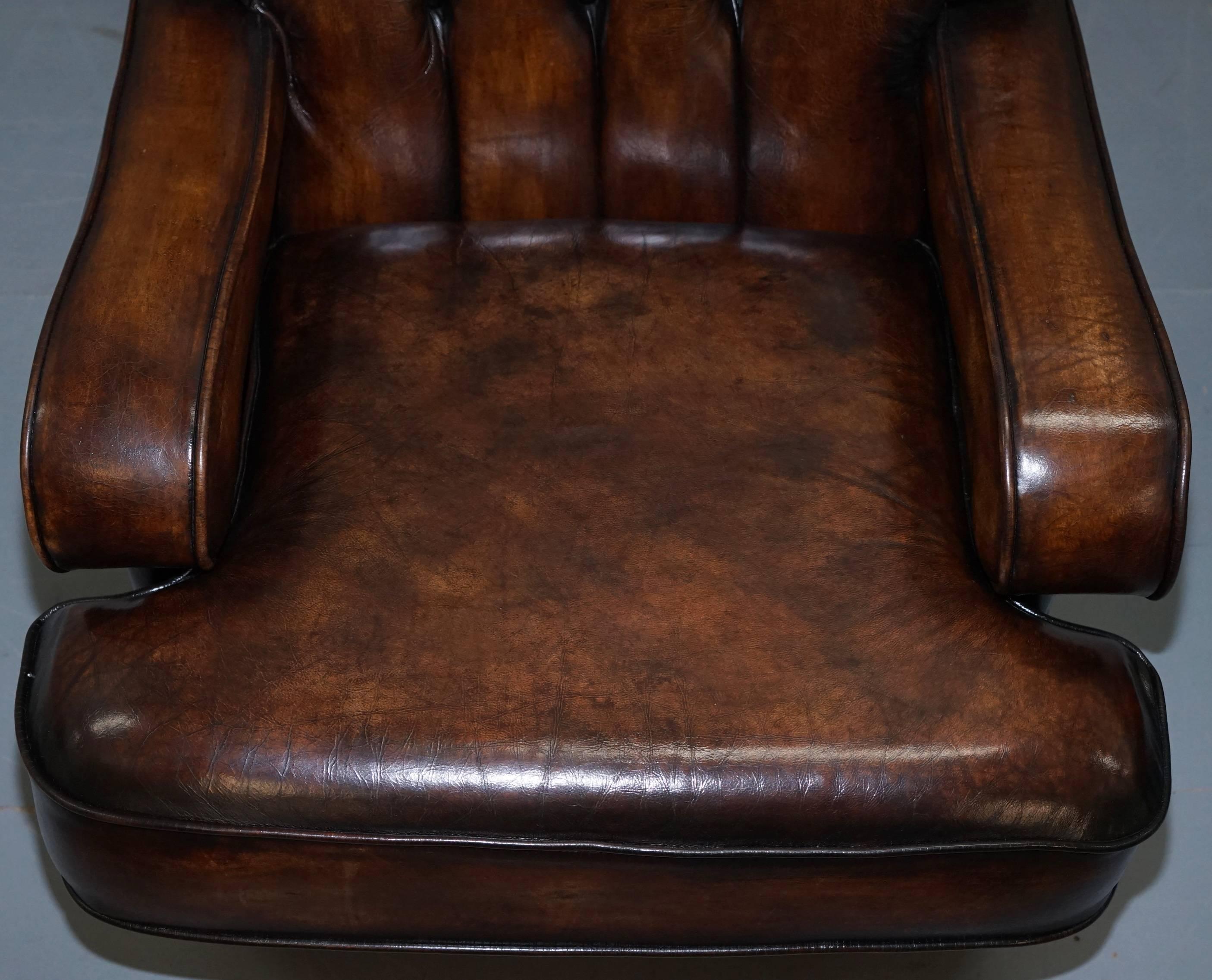 Hand-Carved Restored Chesterfield Hand Dyed Cigar Brown Leather Scroll Back Armchairs, Pair