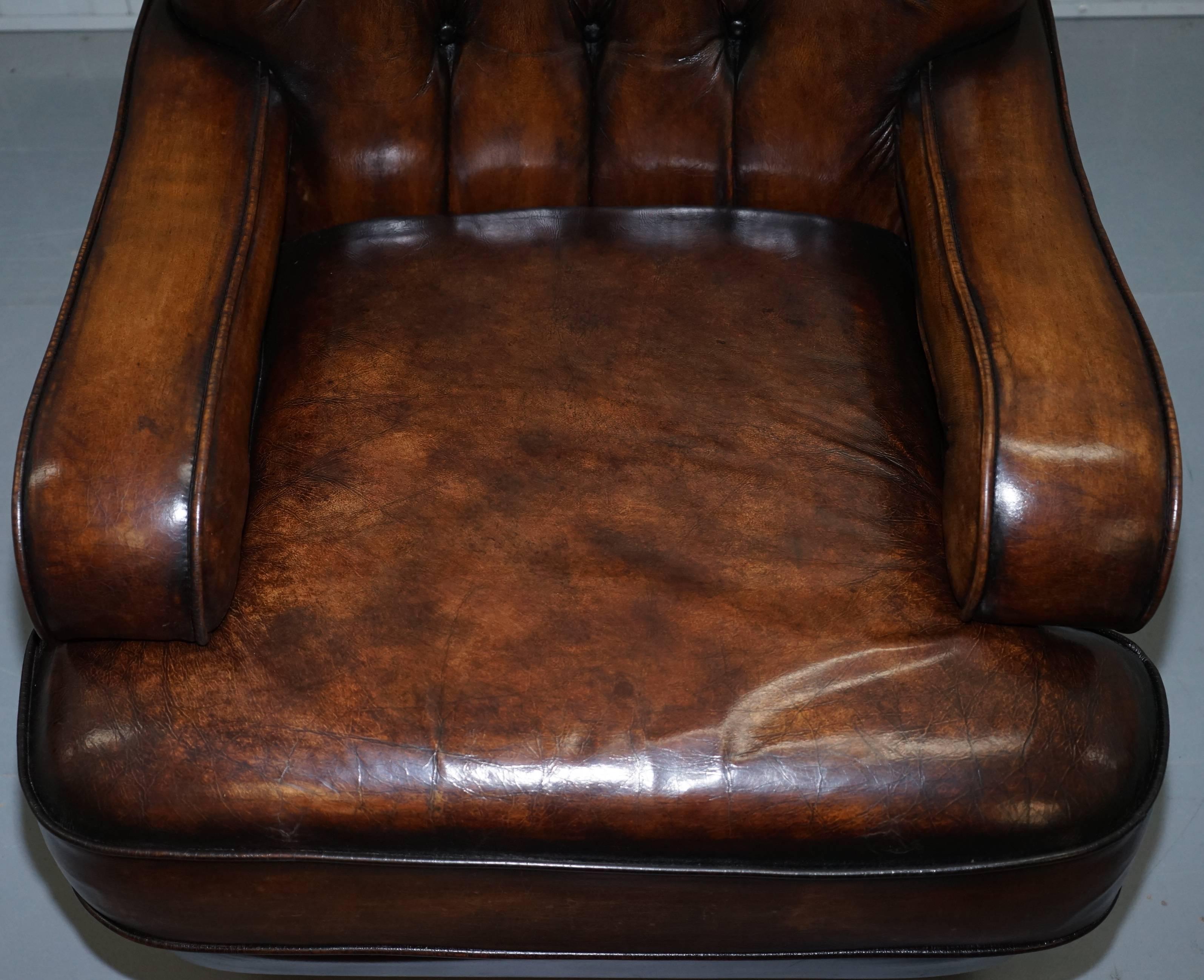 Restored Chesterfield Hand Dyed Cigar Brown Leather Scroll Back Armchairs, Pair 4