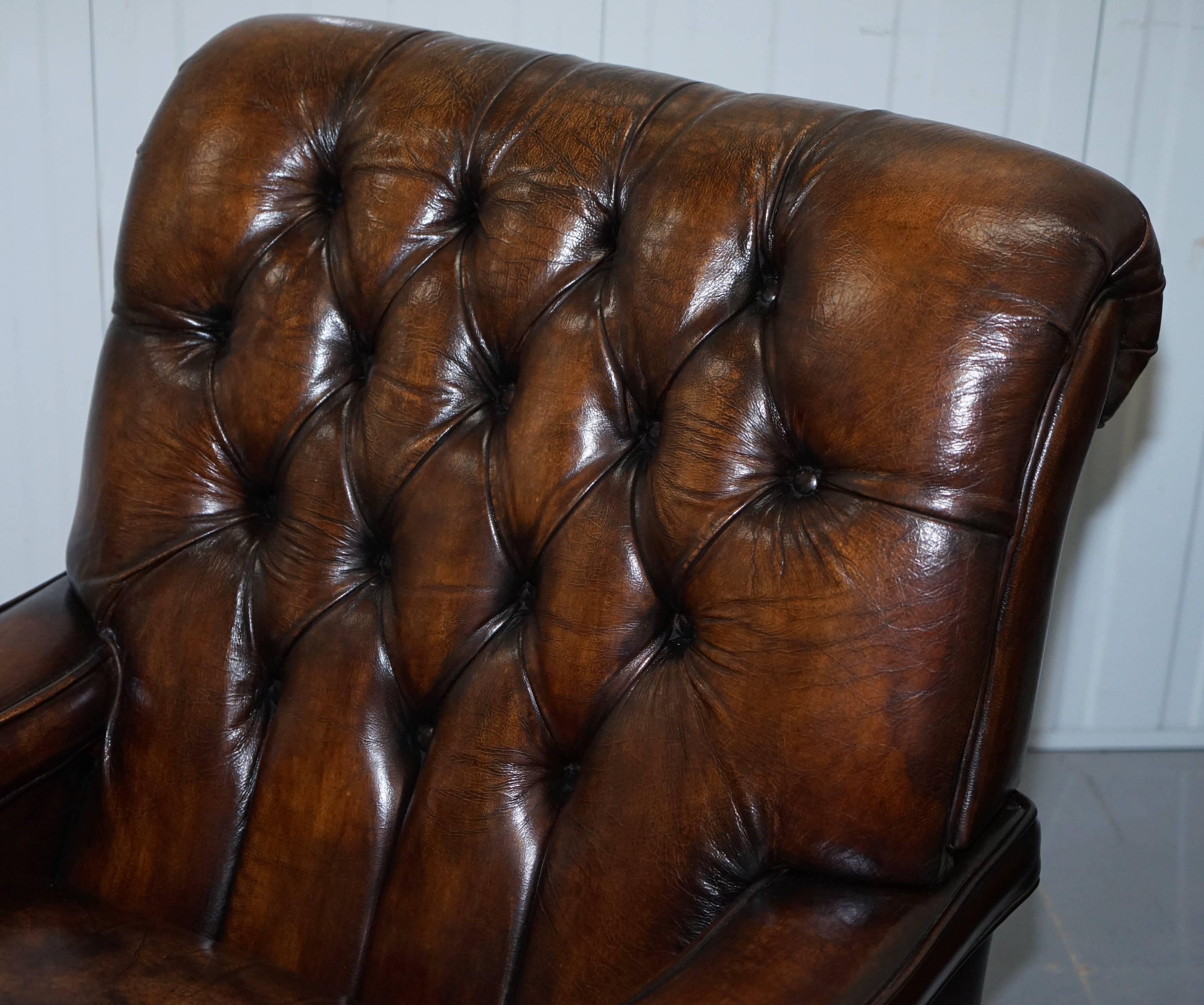 Regency Restored Chesterfield Hand Dyed Cigar Brown Leather Scroll Back Armchairs, Pair