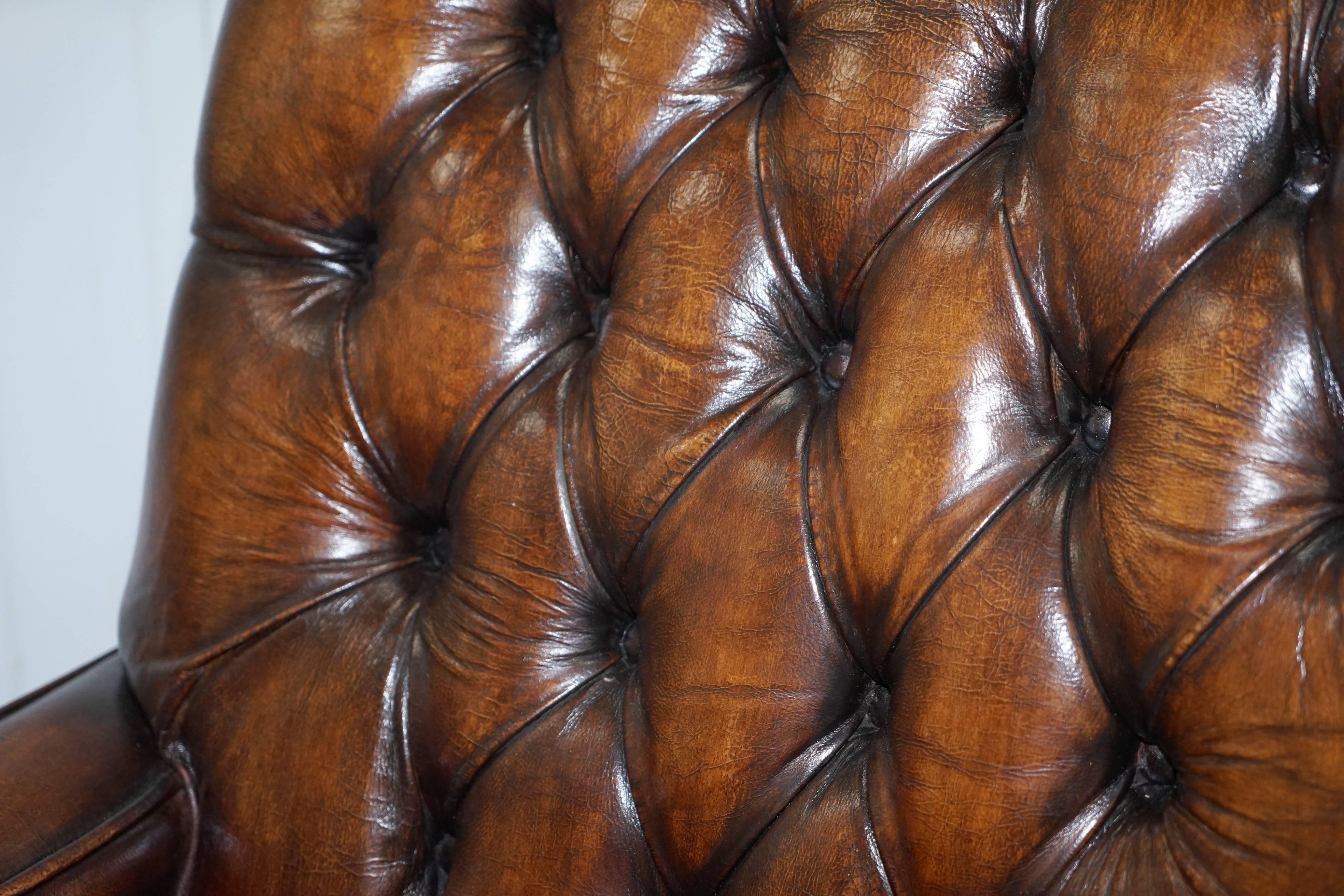Unknown Restored Chesterfield Hand Dyed Cigar Brown Leather Scroll Back Armchairs, Pair